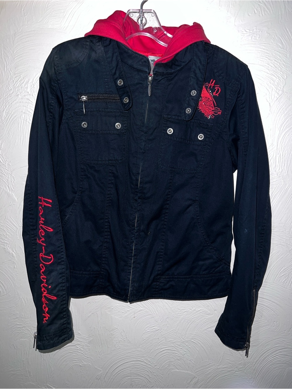 Women’s Harley-Davidson Black Jacket with Red Hoodie Vest & Embroidery Detail